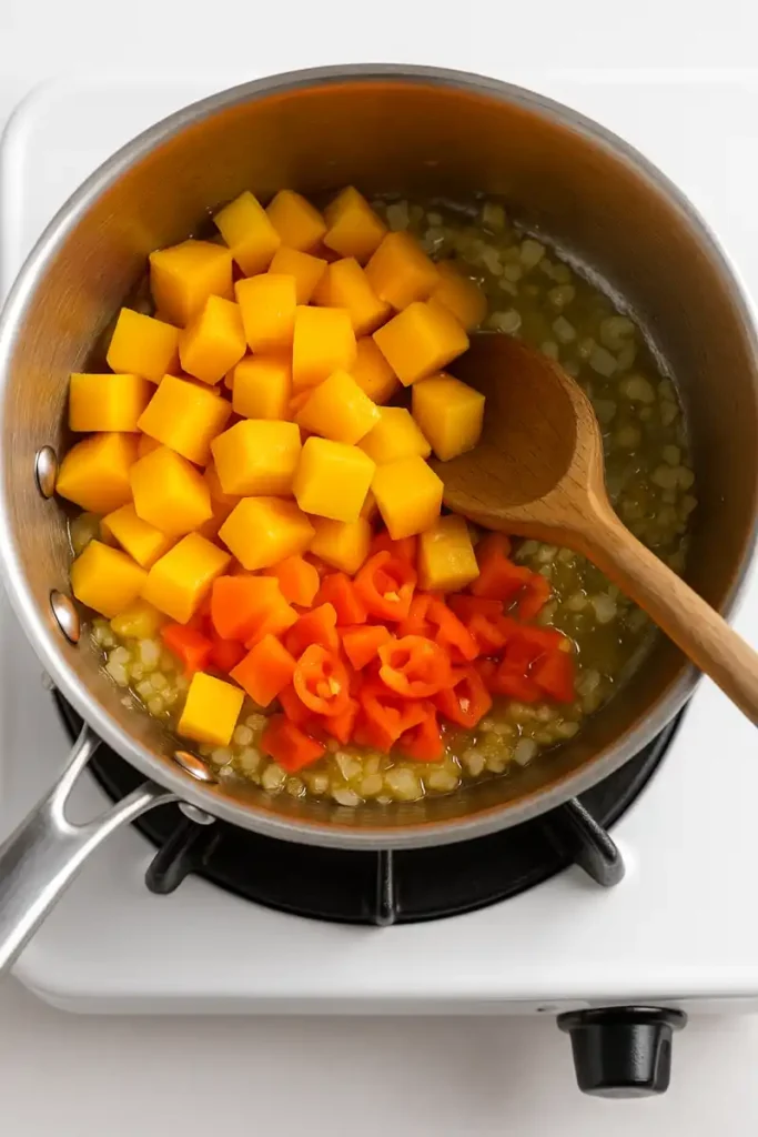 Fresh mango chunks and chopped habanero peppers being stirred into sautéed onion and garlic for mango habanero wing sauce.