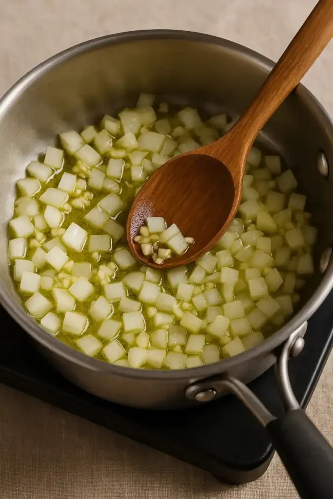Chopped onions and garlic sizzling in olive oil in a saucepan as the first step of mango habanero wing sauce.