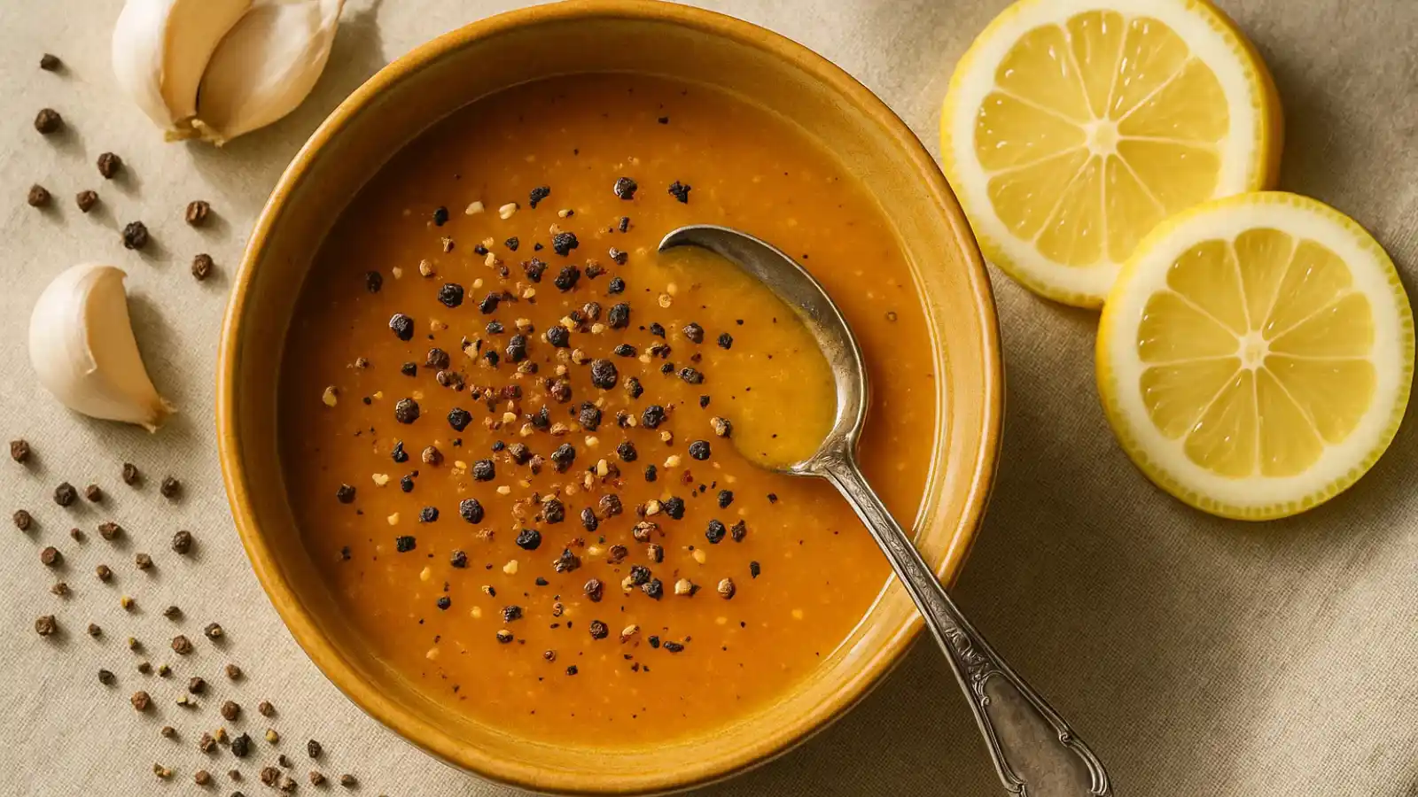 Lemon Pepper Sauce in bowl on rustic table