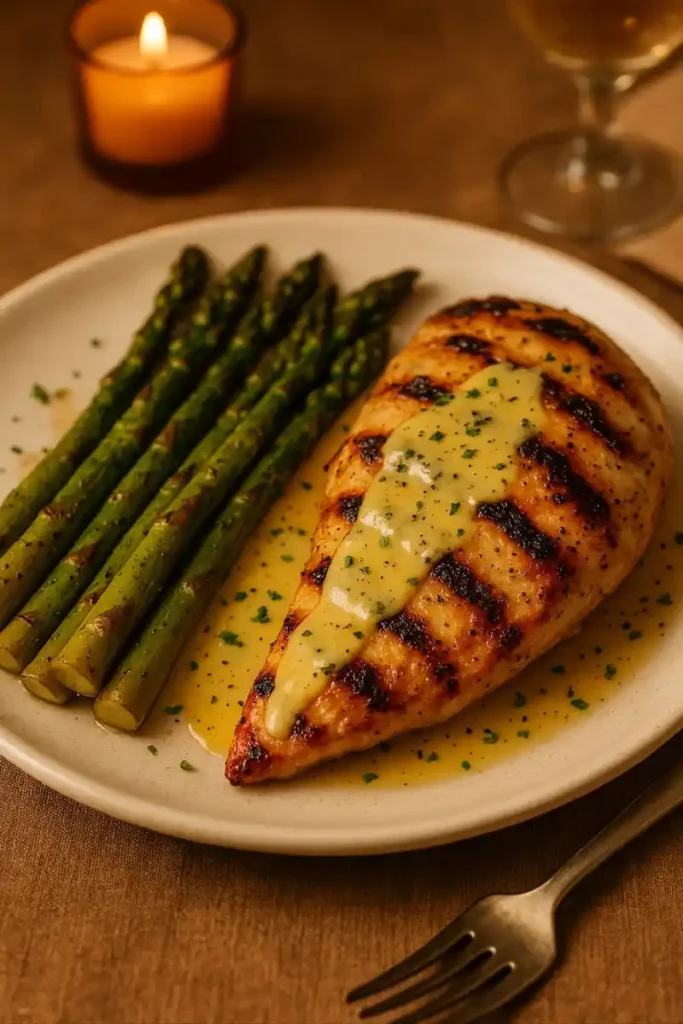 Lemon pepper sauce served over grilled chicken