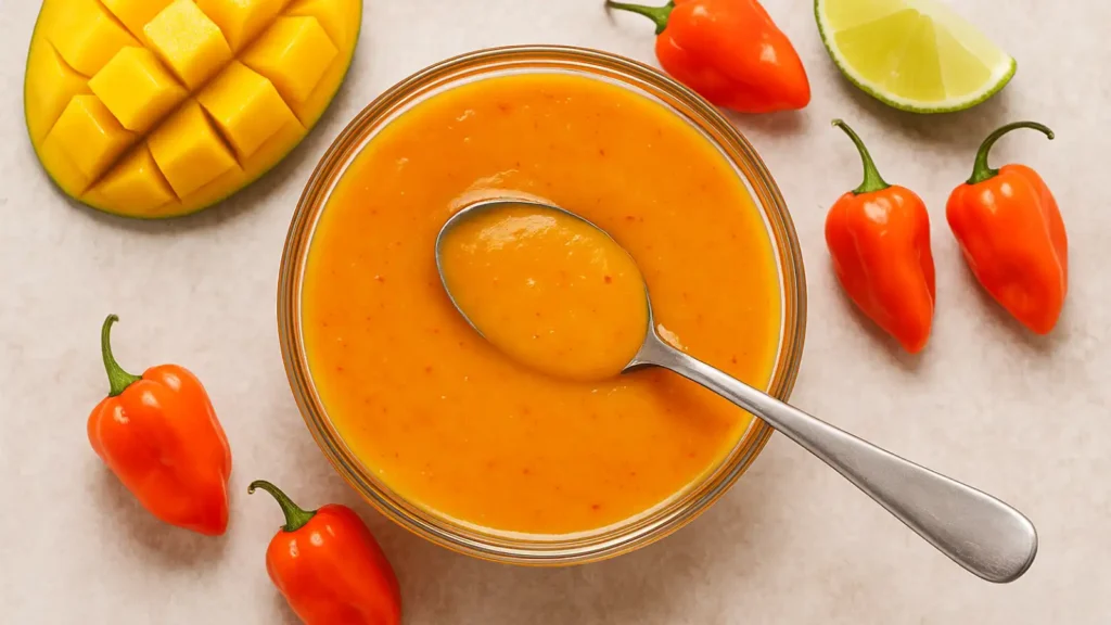 Mango Habanero Sauce in bowl with fresh ingredients