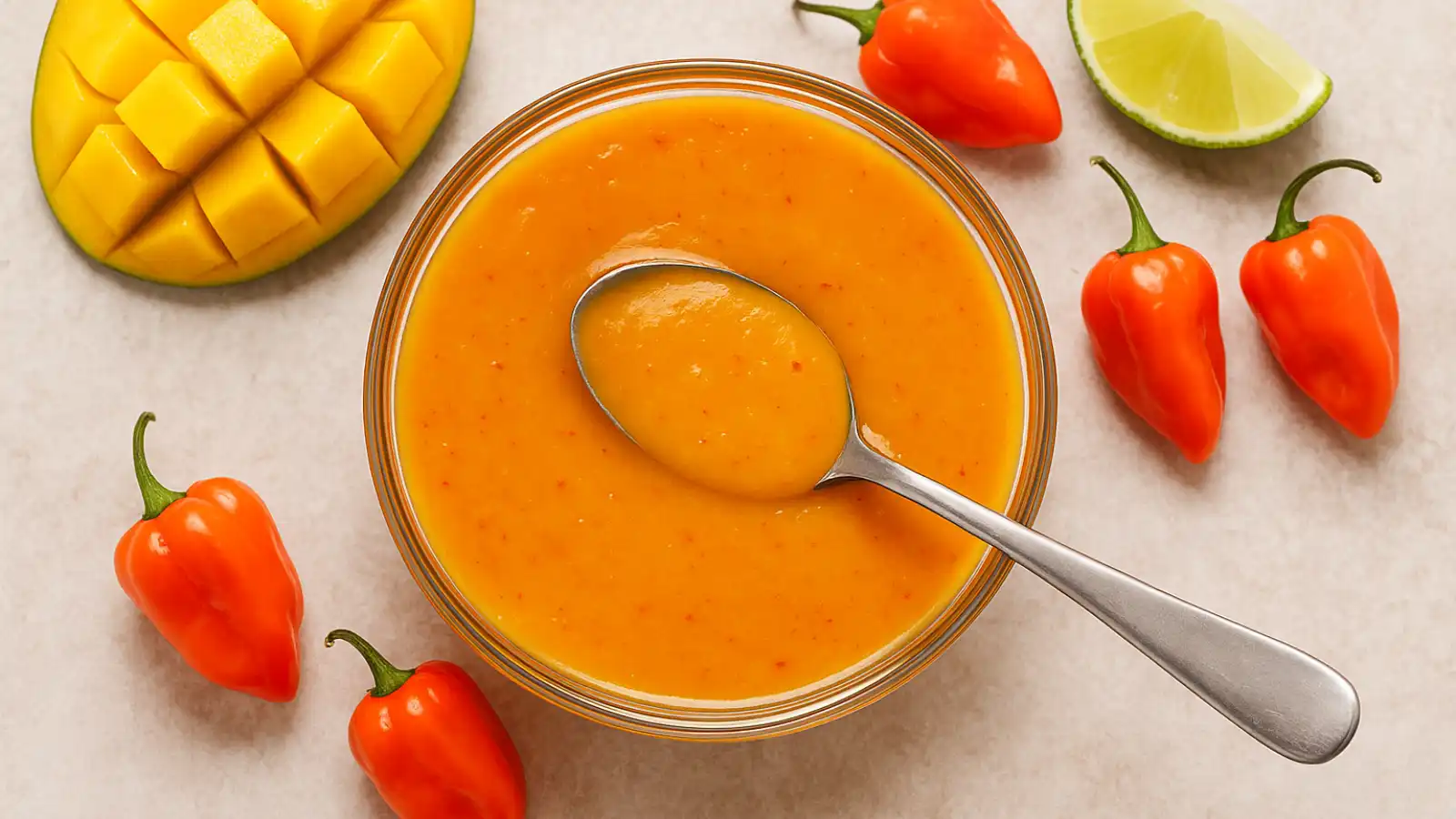 Mango Habanero Sauce in bowl with fresh ingredients
