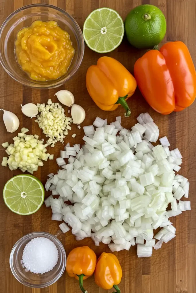 Mango Habanero Sauce ingredients laid out on cutting board