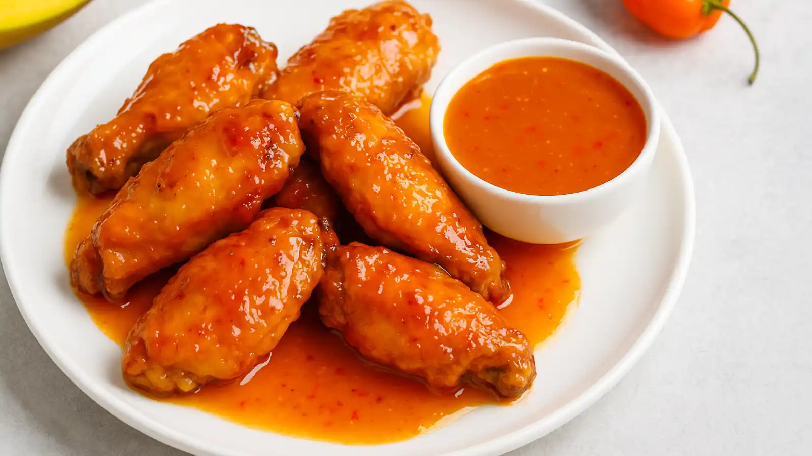 Mango Habanero Wing Sauce in rustic bowl