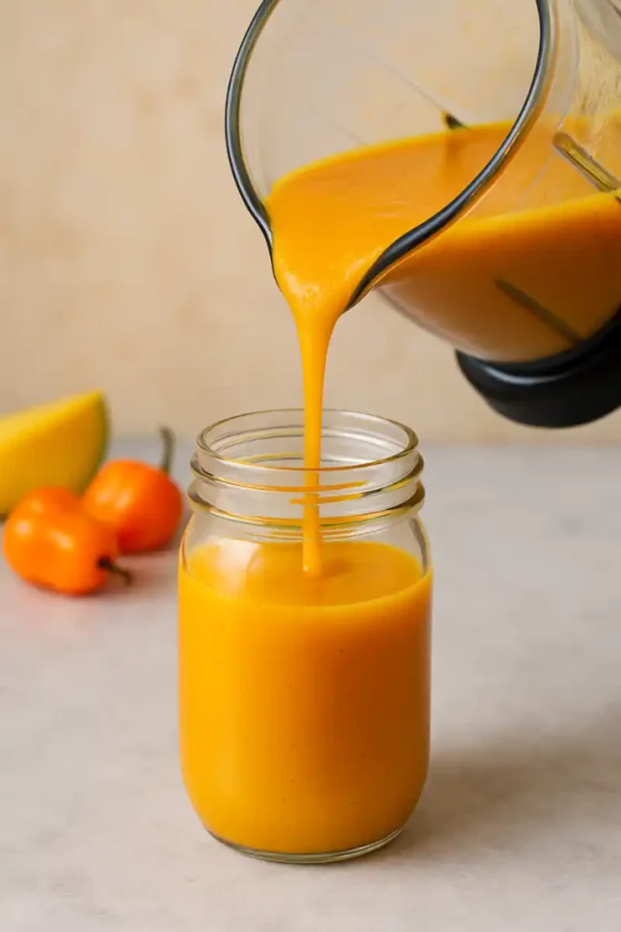 Mango habanero wing sauce poured into a clear glass jar and stored for refrigeration.