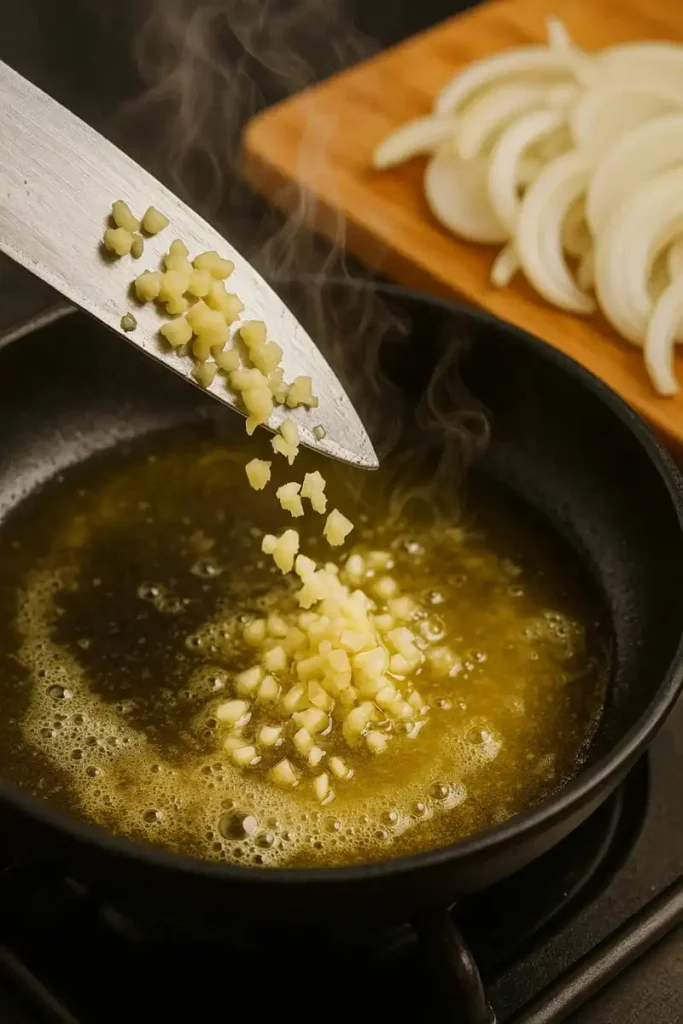 Cajun spice blend being added to sizzling butter, garlic, and onions