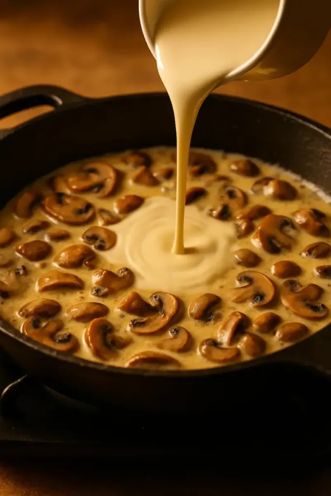 Cream being stirred into mushrooms in a skillet to form a sauce