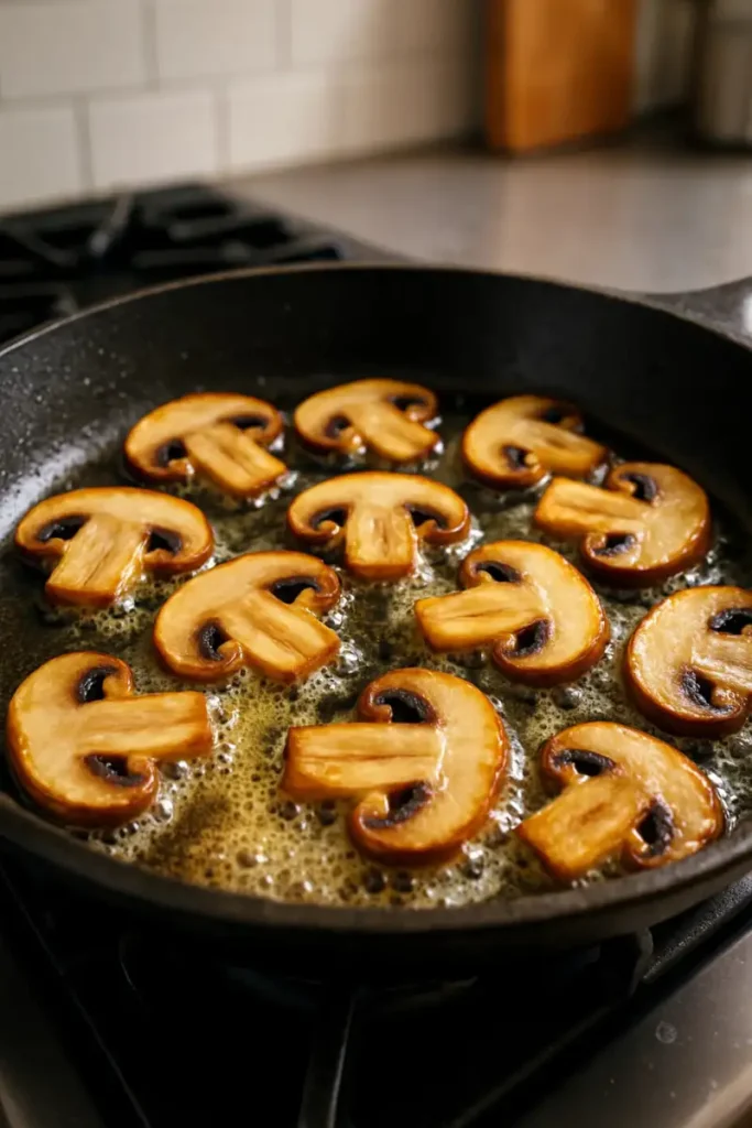 Mushrooms browning in butter in a skillet for mushroom dill sauce