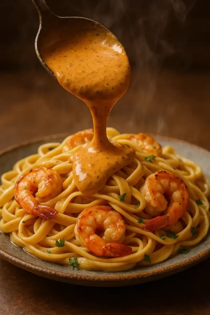 Cajun cream sauce poured over pasta and shrimp on a plate