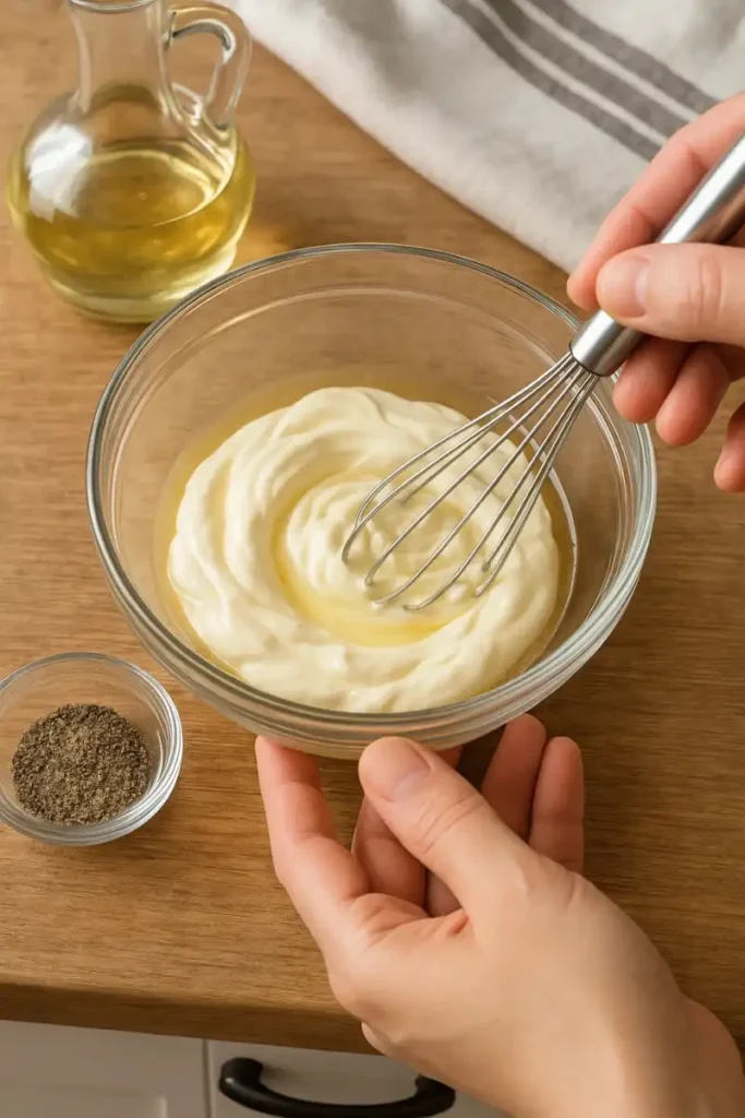 Whisking Alabama white sauce base