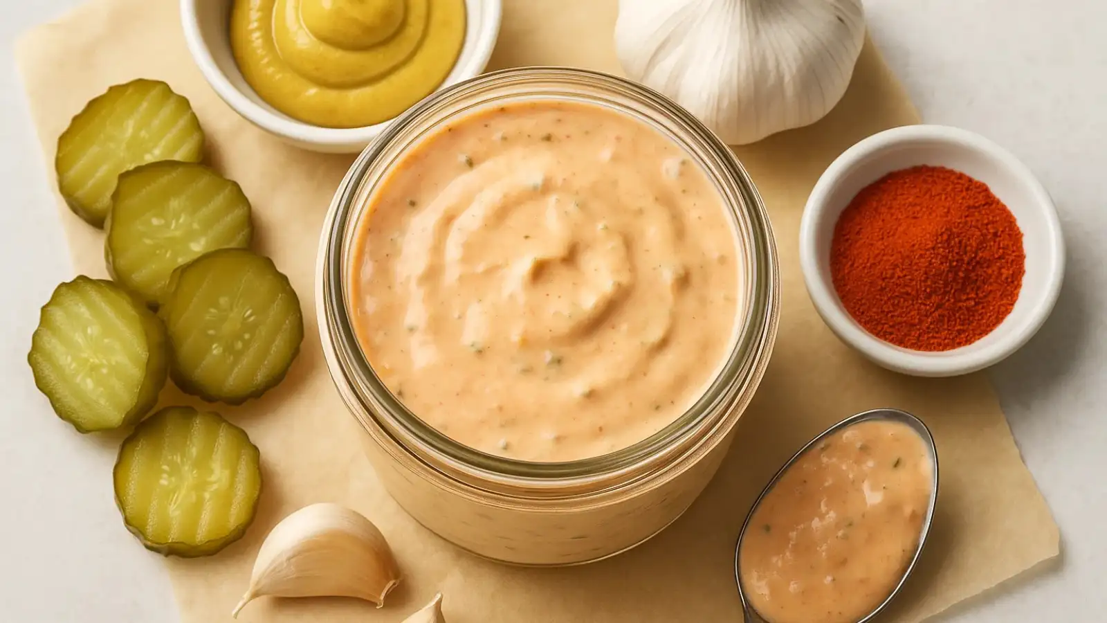 Big Mac Sauce Recipe in a glass jar with ingredients