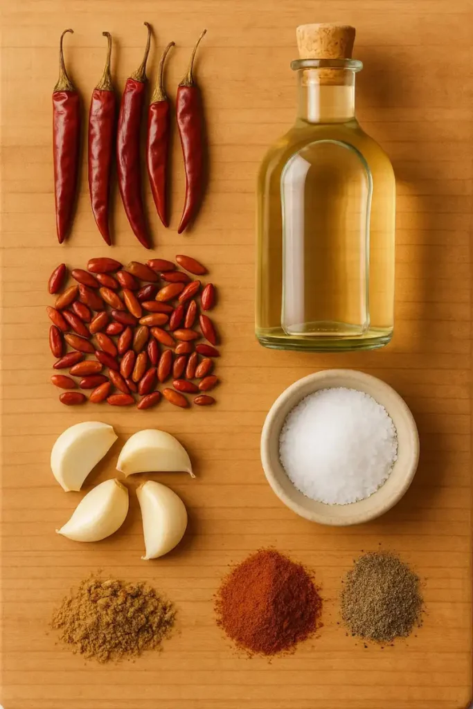 Ingredients for homemade Cholula hot sauce laid out