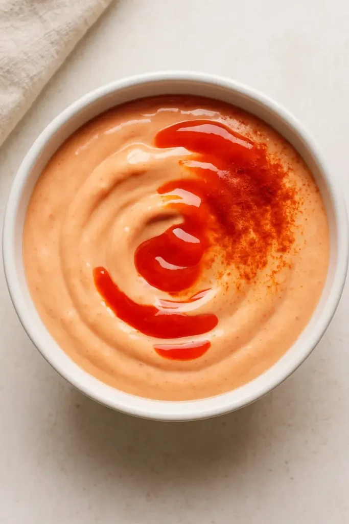 Drizzling chili sauce into burger sauce mix
