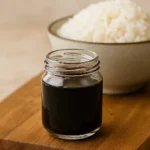 jar of gluten free soy sauce with rice bowl