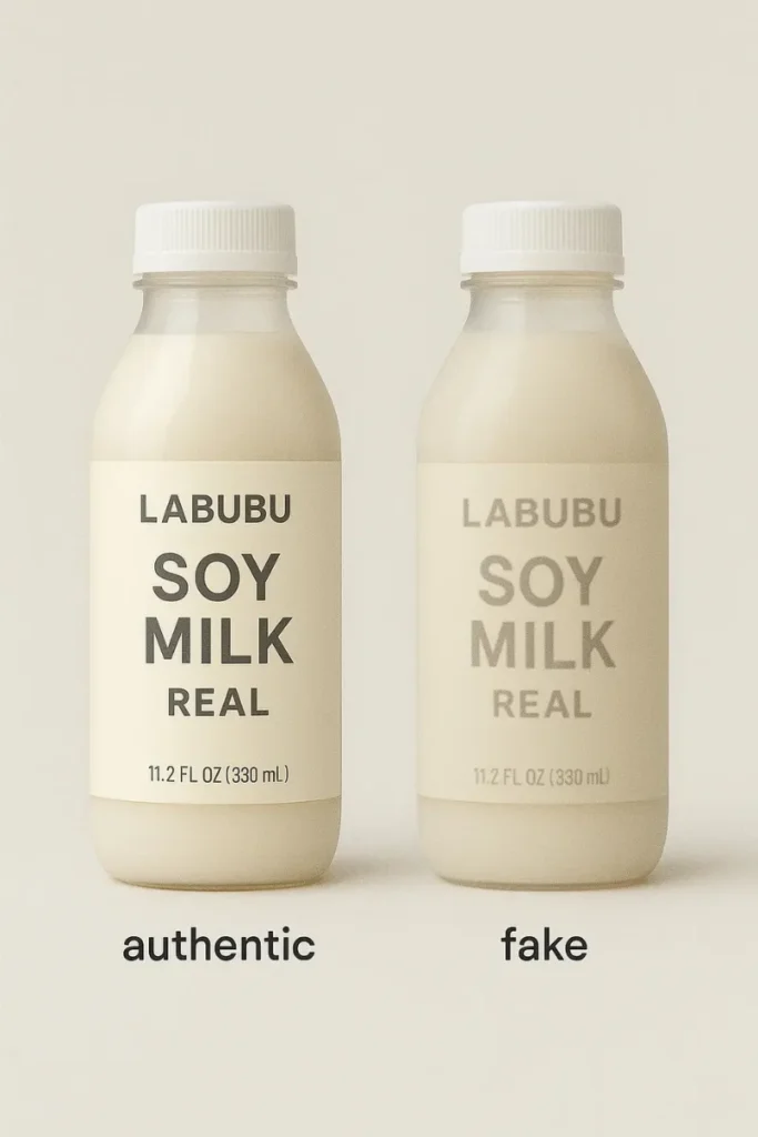 Real vs. fake Labubu soy milk bottle comparison