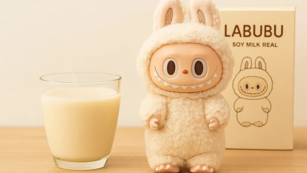 Bottle of Labubu soy milk real with pastel design