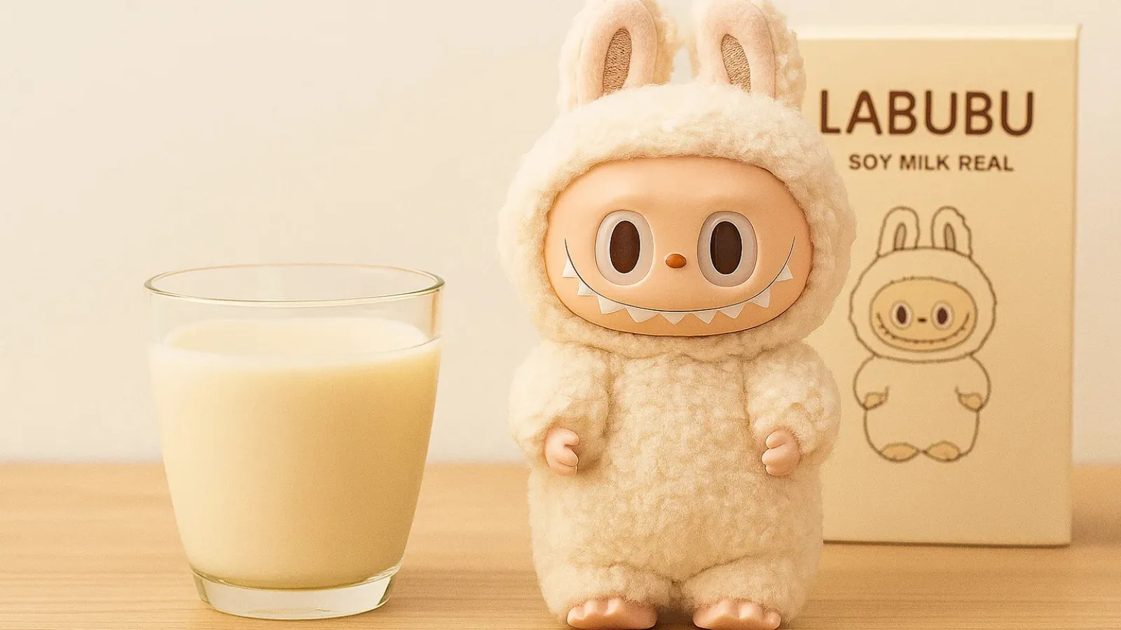 Bottle of Labubu soy milk real with pastel design