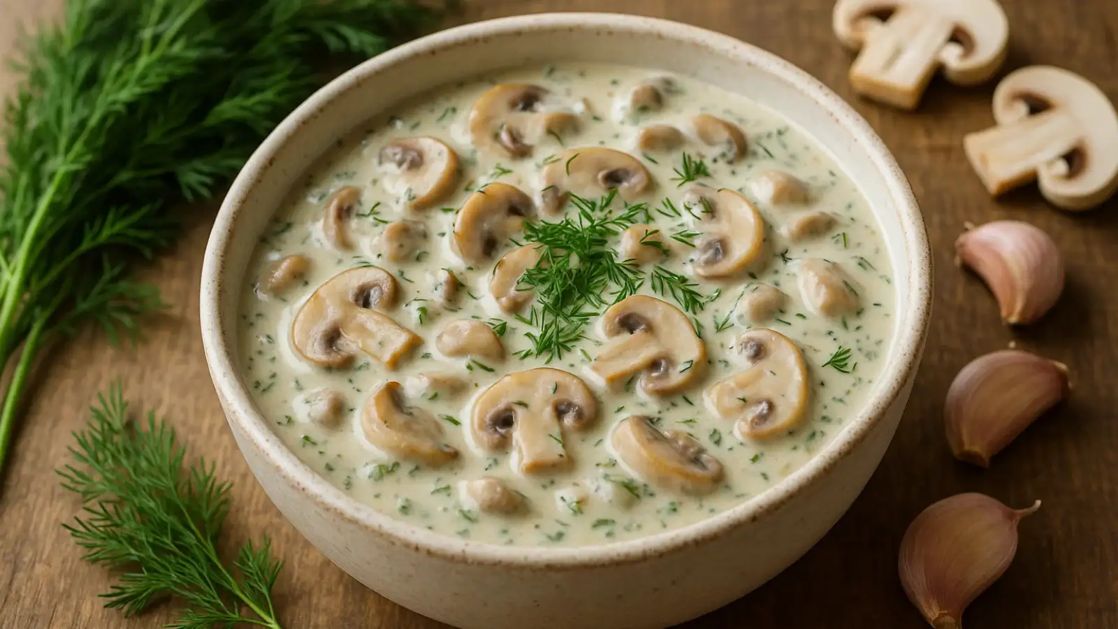 Mushroom dill sauce in a bowl with fresh herbs and mushrooms