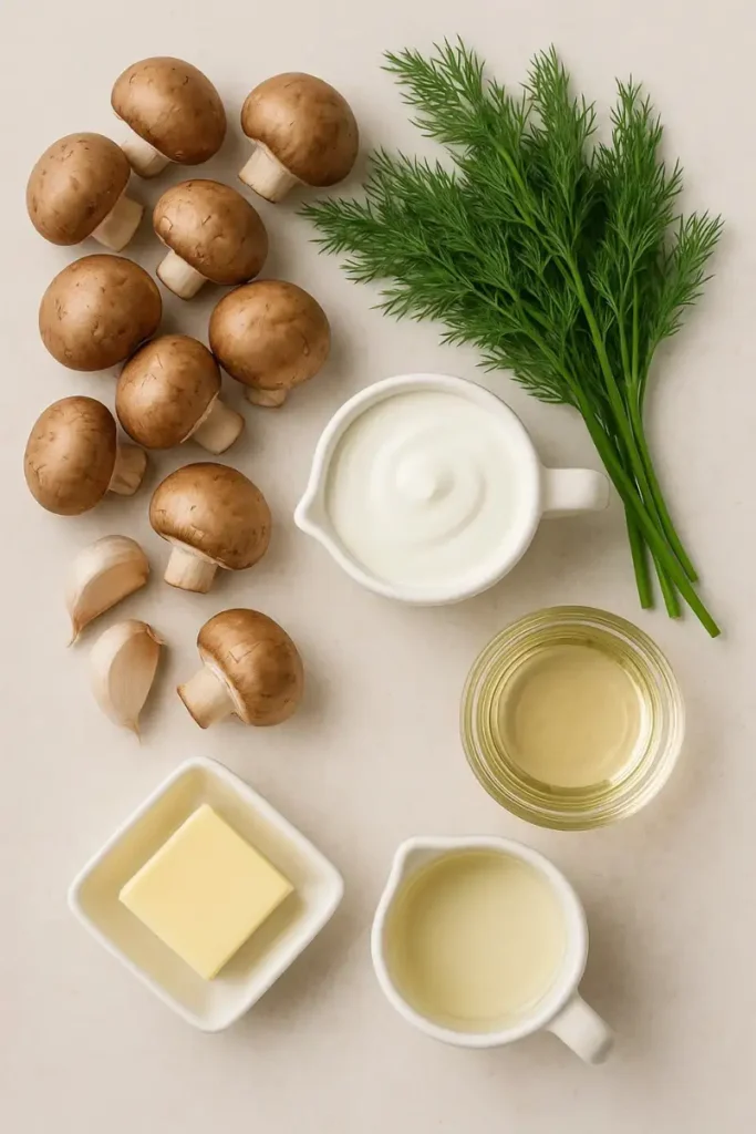 Ingredients for mushroom dill sauce recipe laid out neatly