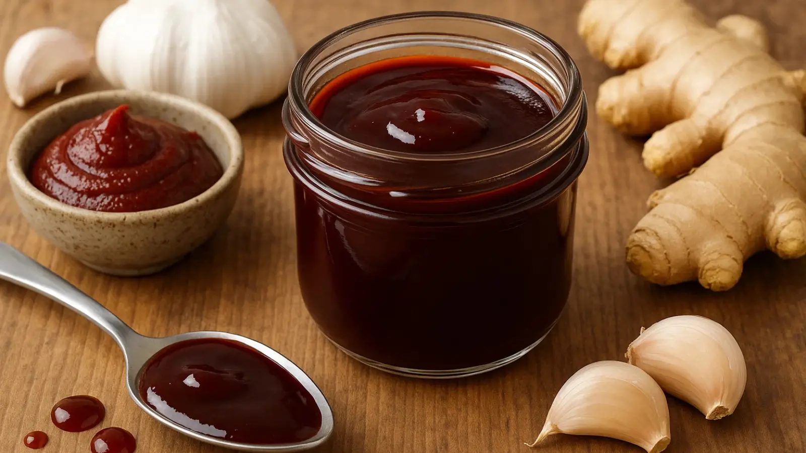 Swicy sauce recipe in glass jar with ingredients
