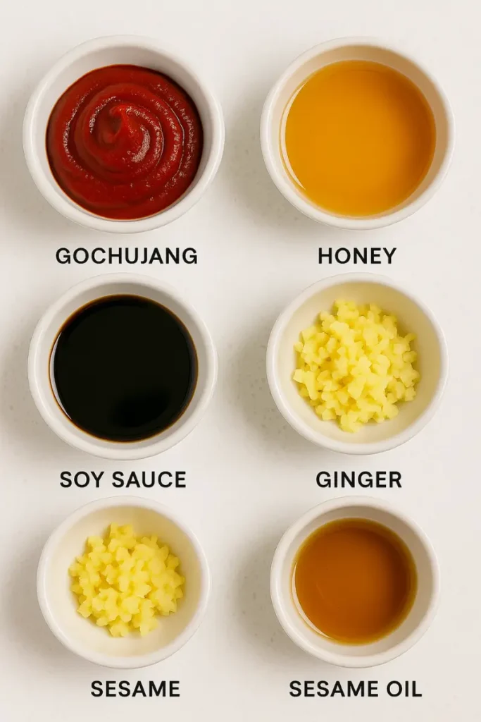 Ingredients for swicy sauce recipe laid out in bowls