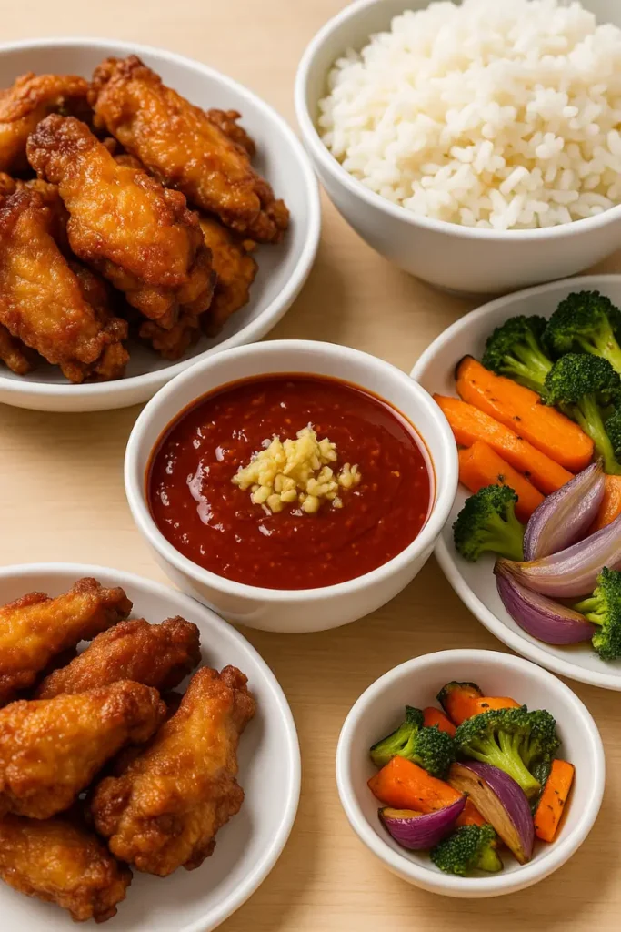 Swicy sauce served with wings and vegetables