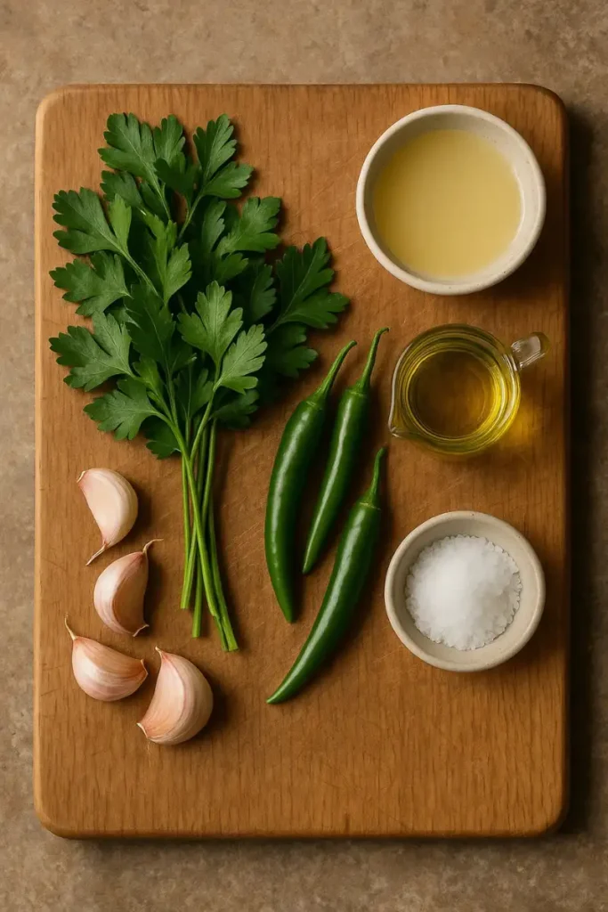 Ingredients for tatbila sauce recipe on cutting board