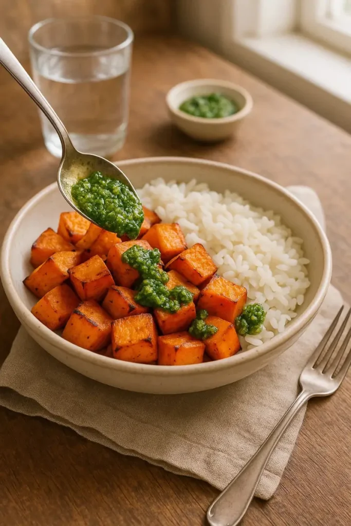 Tatbila seasoning on sweet potatoes and rice in a bowl