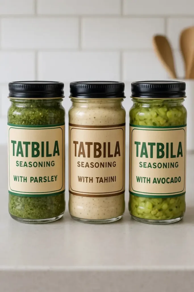 Three versions of Tatbila seasoning with parsley, tahini, and avocado