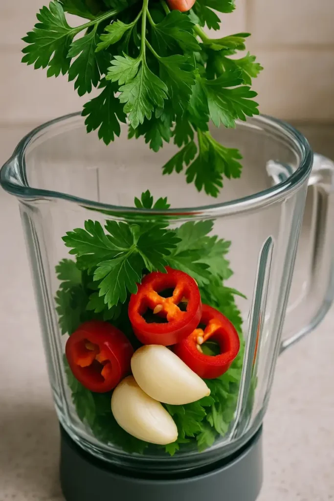 Adding parsley, chili, and garlic into blender