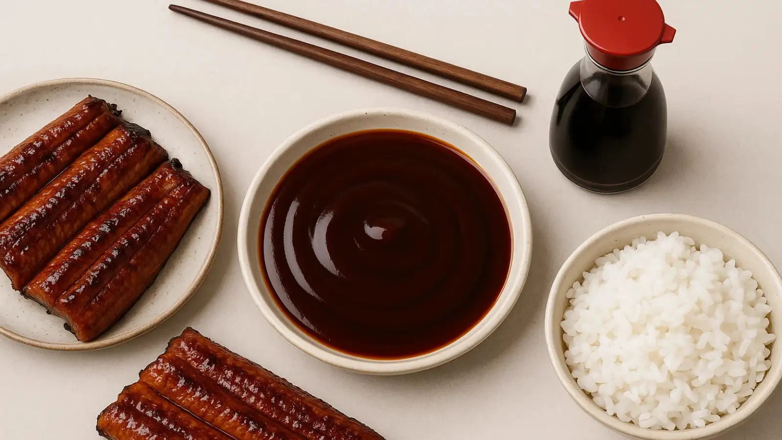 unagi sauce in bowl with grilled eel and rice