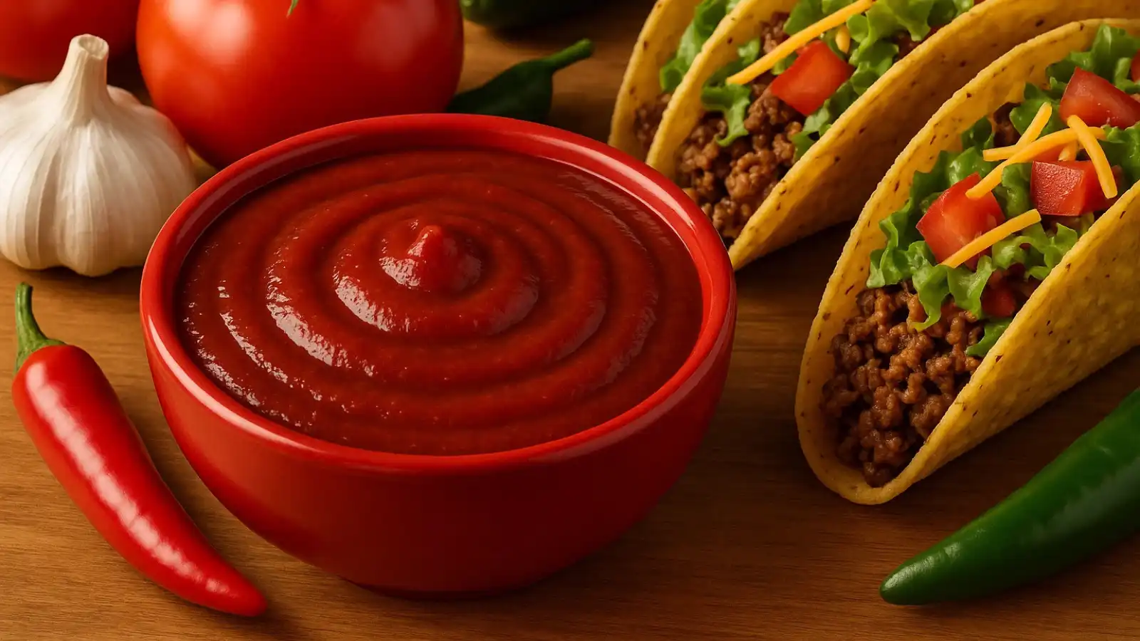 Ortega Taco Sauce next to fresh tacos on a rustic table