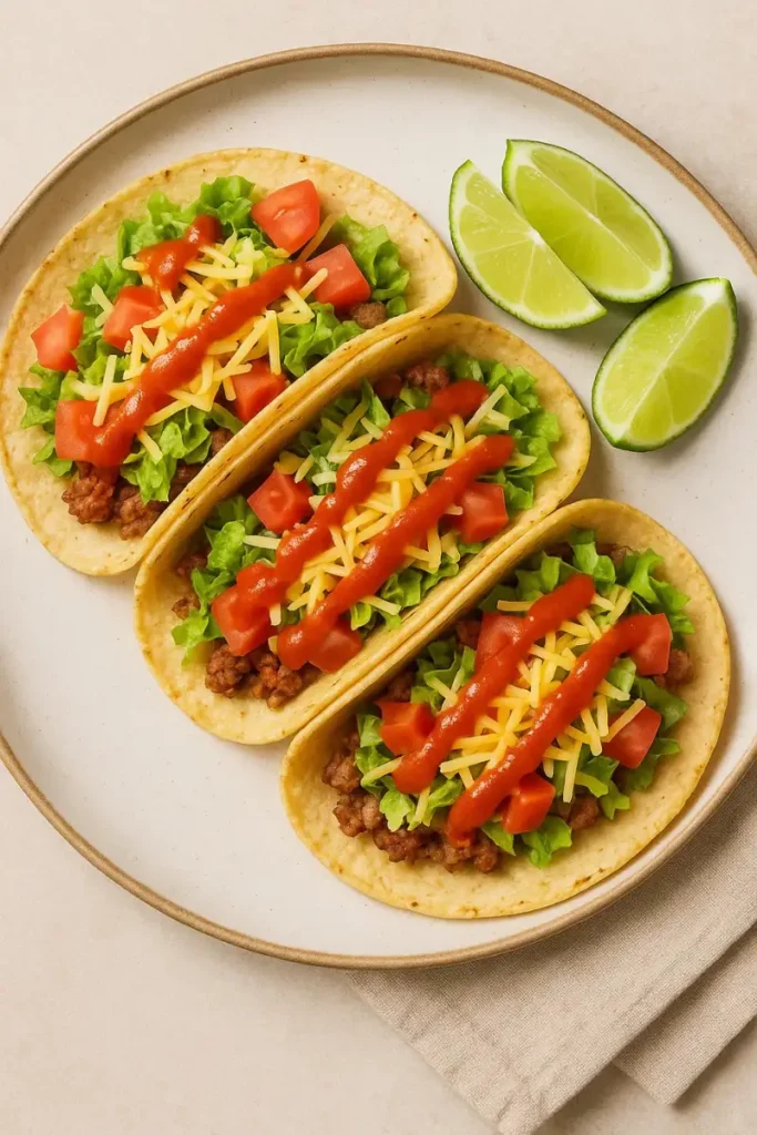 Tacos served with homemade Ortega taco sauce drizzled on top